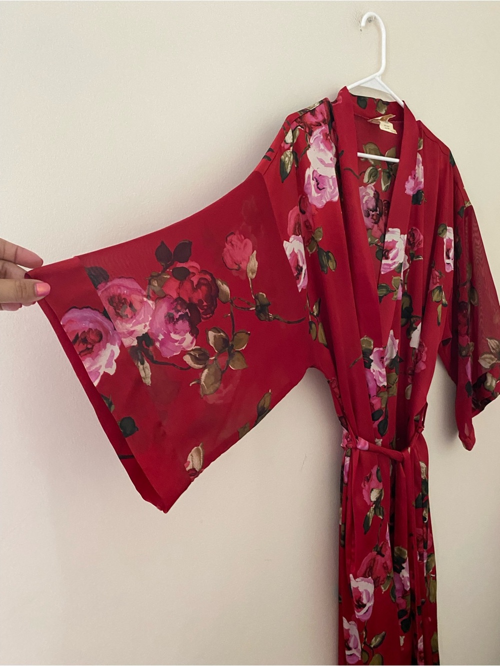Vintage Floral feminine Satin Red Kimono Robe with sheer sleeves size Large - Picture 3 of 10